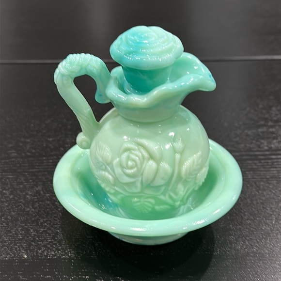 Avon Vintage Teal Oil Pitcher with Stopper and Bowl Set - Picture 4 of 10